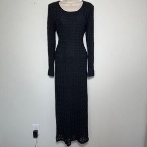 VTG 90s S. Roberts Women Cotton Maxi Dress 12 Black Whimsigoth Pointelle Grunge
